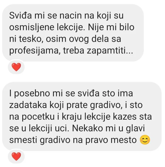 Poruka polaznice o osmišljenim lekcijama i zadacima koji prate gradivo