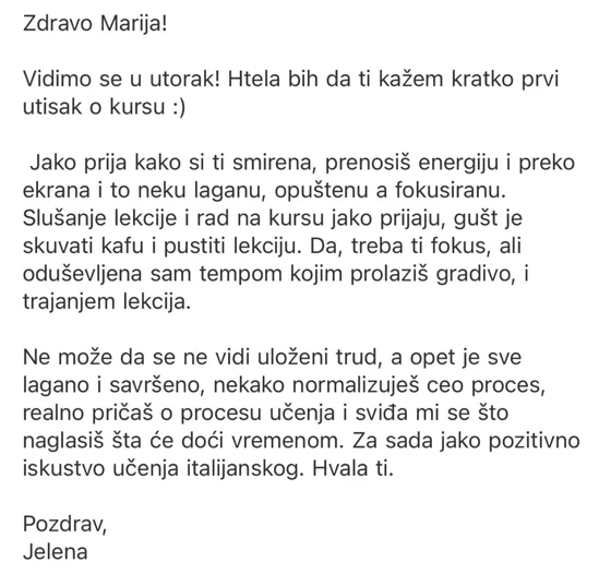 Utisak polaznice Jelene o tempu i načinu rada na kursu